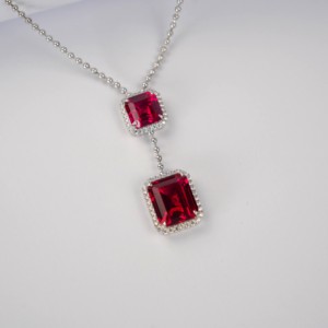 S925 Sterling Silver Lab-Created <b>Ruby</b> Pendant <b>Necklace</b>, Cushion Cut, 12×14 & 10×10 Stones, Rhodium Plated, Item No. ZHF-P1411R V - Product Image 5