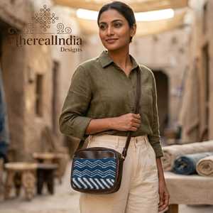 Blue Ikat Sling Bag Handmade Rug Fabric Crossbody Small Ethnic Cotton Purse <b>Adjustable</b> <b>Strap</b> - Product Image 5