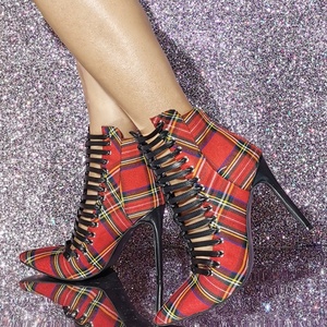 Retro Red Plaid Women Front Cut Out Sandals Big Size 47 High Heels Shoes Summer Short Boots Big Feet Ankle <b>Booties</b> - Product Image 1