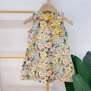 Детская одежда, платье Чонсам для маленькой принцессы, Новинка лета 2021, платье-майка в китайском стиле с цветочным рисунком