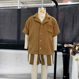 Custom <span class=keywords><strong>Baby</strong></span> Kids Jongens Mousseline Outfit Poloshirt Met Korte Mouwen En Gestreepte Korte Broek Set Zomer Babykleding - Product Image 4