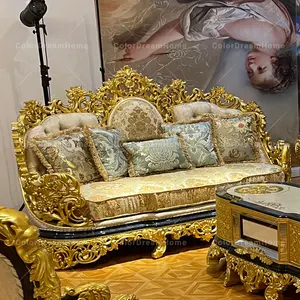 Sofa Hoàng Gia Bộ Sofa Cổ Điển Chạm Khắc Gỗ Cứng Màu Vàng Cho Phòng Khách Đồ Nội Thất Sang Trọng