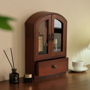 Armoire <span class=keywords><strong>murale</strong></span> cintrée marron foncé, meuble de rangement en bois avec portes vitrées et tiroir pour salon et entrée - Product Image 1