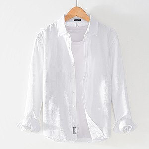Camisa de lino a rayas florales informal de diseño Premium para hombre, tela de punto transpirable de algodón puro, colección de verano holgada de manga larga - Product Image 1