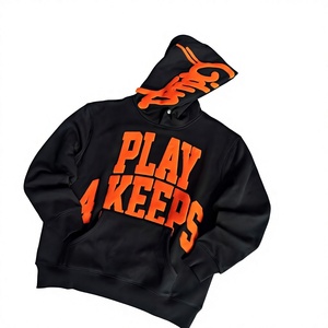 Sudadera con Capucha para Hombre Play 4 Keeps, 100% Algodón, Felpa Francesa Transpirable, Estampado Puff, Negro Naranja, Logotipo Personalizado Frontal, Estilo Urbano - Product Image 1