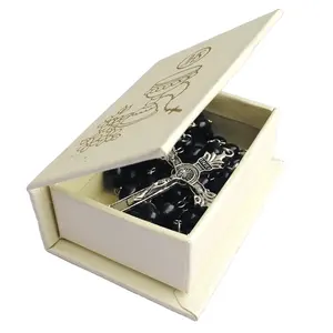 Chapelet de perles en bois 6x8mm, avec pièce au Center de fer, avec boîte cadeau de première Communion