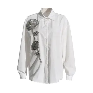 OULAIYADI Fashionable Casual Loose Ladies Shirts Blouses Tops Women New Lapel Heavy Design Diamond Women's Shirt