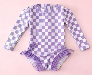 S0718 Conjunto de Natación Personalizado para Niña, Estampado a Cuadros Verde y Blanco, Ropa Infantil al por Mayor, Manga Larga - Product Image 2