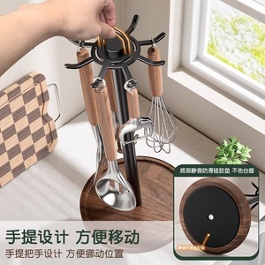 Walnut Wood Kitchen <b>Rotating</b> Hook Spatula Holder 10kg Load Capacity Countertop Utensil <b>Storage</b> <b>Rack</b> Daily Use - Product Image 3