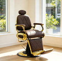 Fauteuil de barbier vintage de luxe avec cadre doré, robuste, hydraulique et inclinable, couleur marron, pour salon de coiffure