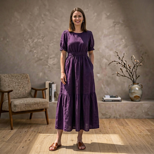 Organic 100% Cotton Vintage V-neck Bell Sleeve Midi <b>Dress</b> Women High Waist Tiered A-Line Breathable Plain Dyed Handmade Summer - Product Image 3
