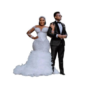 Abito da sposa a sirena S2018L bianco a maniche lunghe retrò <span class=keywords><strong>trasparente</strong></span> con perline e paillettes <span class=keywords><strong>in</strong></span> <span class=keywords><strong>tulle</strong></span>, romantico ed elegante. - Product Image 5