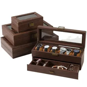 Caixa de madeira para exibição de relógio, travesseiro de veludo com 3 6 12 ranhuras, caixa organizadora de joias com textura multi-madeira, couro PU, atacado
