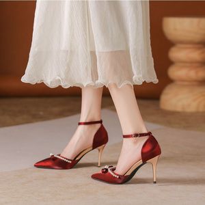 Heeled Sandals Pointed Toe Stiletto <b>Heel</b> Back Strap Elegant <b>Red</b> Pearl Bead Wedding Dress Shoes - Product Image 1