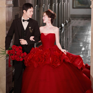 Red Strapless Ball Gown Wedding Dress Princess Waistline Long Train Floral Print For Indoor Studio Couple Photoshoot - Product Image 4