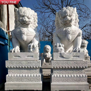 YOUFINE Paire de statues traditionnelles de chiens chinois Foo sculptées à la main en marbre blanc pour l'entrée de la porte - Product Image 5