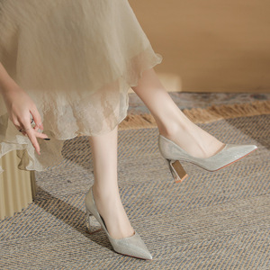 Escarpins à bout pointu, talon carré de 5 cm ou 8 cm, doublure en satin pailleté, chaussures de mariée ou de soirée, à enfiler, pour femme, tendance - Product Image 2