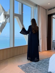 Hafizah Neue Marineblaue Vertikal Gestreifte Transparente Offene Abaya Langarm Lose Bescheidene Dubai Muslimische Damen Lange Kimono Strickjacke Großhandel - Product Image 4