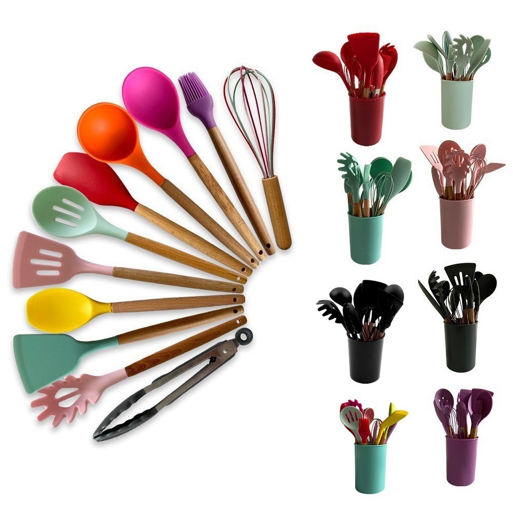 Kitchen Tool Non-stick Cookware Cooking Wooden Handle Silicone 12-piece Kitchenware Silicone Kitchenware Set