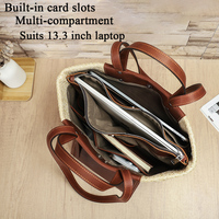 Grand sac fourre-tout d'été en paille tressée pour femme de bureau, avec bandoulière en cuir bicolore, fermeture à bouton, poche et multiples compartiments