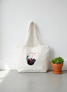Sac fourre-tout en <span class=keywords><strong>toile</strong></span> personnalisé avec chat noir brodé, sac cadeau personnalisé avec nom, sacs de shopping - Product Image 2