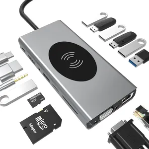 Base para carregamento sem fio usb 3.0, adaptador de cartão tf para macbook, usb tipo c 15 em 1 hub multifuncional para hdmi