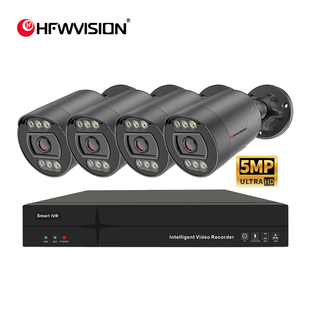 Factory HFWVISON Vehicle No-Parking Alert AI Detection for Hotel Home 4PCs POE Camera with 4CH NVR 5MP IP CCTV Camera Kit System