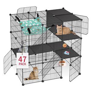 Chat <span class=keywords><strong>Cage</strong></span> 3 Niveaux DIY Chat Enclos Maison Intérieur Extérieur Hamac Détachable Fil Métallique Chenil Chats En Plastique Plateau Boîte Parc - Product Image 1