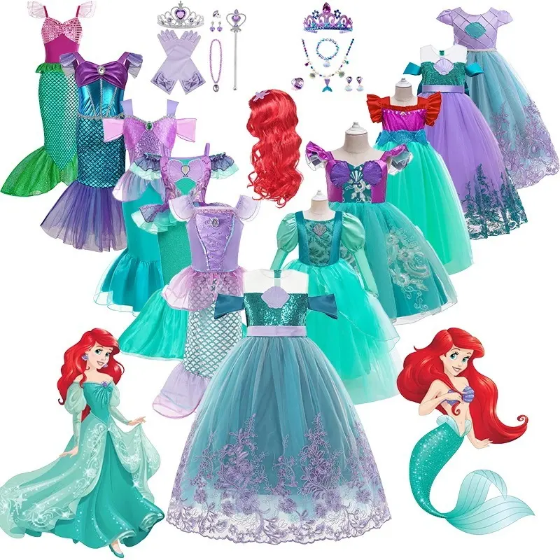 Soft Children Kids Halloween Dress Traje Kid Vestuário Traje Frocks Design Ariel Princesa Fantasia Sereia Vestido Para Menina