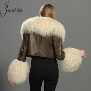 Giacca Corta da <span class=keywords><strong>Donna</strong></span> in Vera Pelle di Pecora con Lussuosi Collo e Polsini in Morbida e Soffice Pelliccia di Agnello Mongolo Personalizzata per Primavera e Autunno - Product Image 3