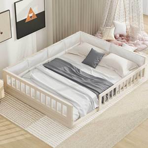 White Wooden Kids <b>Bed</b> With Soft <b>Padding</b> And Safety Rails For Bedroom Use Child Size Comfortable Low Box Design - Product Image 1