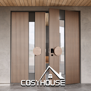Luxury Cast Aluminum Double Front Entry Door with Wood Grain Heat Transfer Finish Slatted Design and Glass Insert - Product Image 1