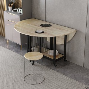 Oak <b>Round</b> Folding <b>Dining</b> <b>Table</b> With Induction Cooker And Turntable Extendable Solid Wood Multi Functional For <b>Small</b> Apartments - Product Image 4