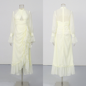 Vestido Maxi Elegante Damasco com Gola Alta, Recortes, Franzidos e Babados, Manga Longa, para Mulheres, para Casamento e Festa, Atacado - Product Image 2