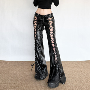 Viviblook Z1230PT01 Women Casual <b>Pants</b> Sexy Laced Pu Leather <b>Pants</b> - Product Image 2