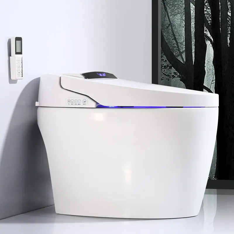 Eenvoudige Stijl Langwerpige Auutomatische Keramische Vloer Gemonteerde Wc Slimme Toiletten Intelligente Zitkom Met Afstandsbediening