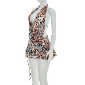 Viviblook D26DS066 Women Summer Dress New Casual Sexy Leopard <b>Print</b> Halter Swinging V Neck Backless <b>Mini</b> Dress - Product Image 5