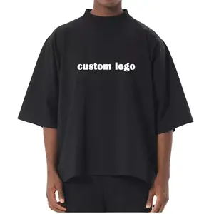 Customized designer printed oversized 100% cotton heavyweight 3/4 sleeve extended mock thick neck 300gsm t shirt for men