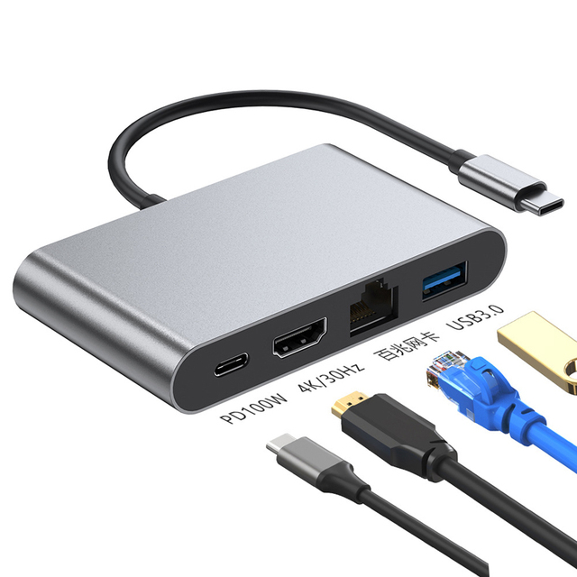 4in1 4 In1  Type-c USB C to  Hdtv Hub Adapter HDTV (4k) + Usb3.0+ Type c PD 100w  + RJ45 100mbps Hub Multifunction  Station