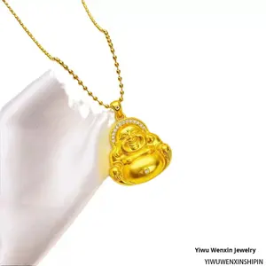 Liontin kalung Buddha Maitreya Retro mewah baru gaya Tiongkok cahaya pasir emas menyelesaikan perhiasan baja tahan karat jimat emas - Product Image 2