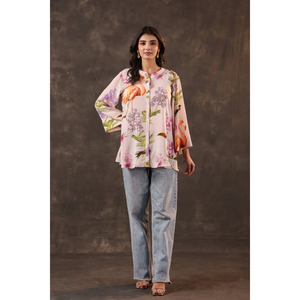 Buy Luxury Nature Inspired Bird Floral <b>Shirt</b> Mandarin Neck Boutique Casual Designer Blouse Collection For Women - Product Image 1