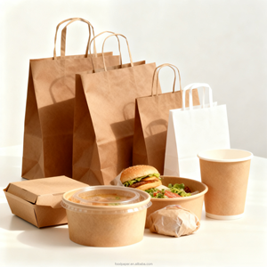 Sac en papier kraft résistant au micro-ondes avec poignées pour les plats prêts à emporter Emballage alimentaire pratique Biodégradable - Product Image 1