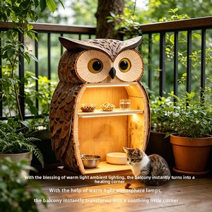 Station d'alimentation moderne en forme de hibou pour animaux de compagnie, armoire de rangement en bois pour chiens et chats avec lumière LED, en kit, faible MOQ - Product Image 3