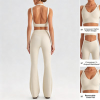 Ensemble de yoga 3 pièces avec logo personnalisé : veste à manches longues, soutien-gorge de sport et leggings évasés à taille croisée – Tenue de sport pour l'entraînement, la gym et le Pilates