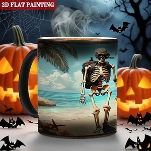 Tasse créative à révélation de chaleur, noire givrée, 11 oz, en céramique, à changement de couleur, motif squelette de plage - Product Image 6