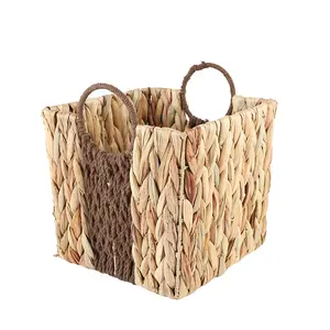 cheap handmade woven straw water hyacinth storage baskets with handles laundry hamper square