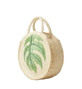 Fashion Handmade Straw Women Beach Purse Custom Luxury Round Embroidery Coconut Palm Bucket Handbag