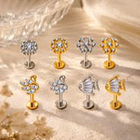 Anting-anting titanium G23 16G bentuk bunga, bertabur CZ, untuk tindik bibir, tulang rawan, helix, conch, perhiasan tindik tubuh wanita.