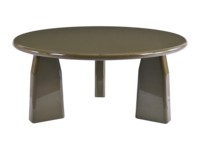 Table basse moderne italienne ronde en MDF brillant, écologique et durable, avec pieds en bois, pour salon ou villa.