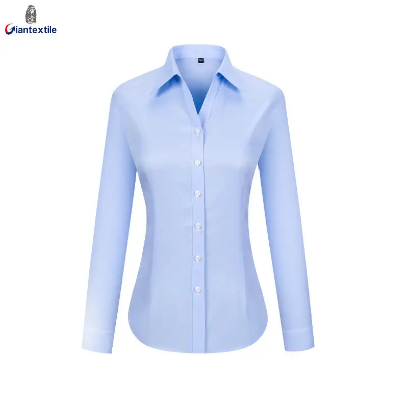 RTS 100% Cotton Women's Solid Blue Twill Business Tuxedo Shirt Anti-wrinkle Non Iron V-neck Dress Shirt For Women